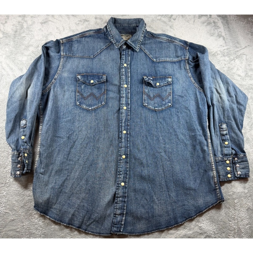 Wrangler Denim Western Shirt Mens XXL Pearl Snap Blue Jean Cowboy
